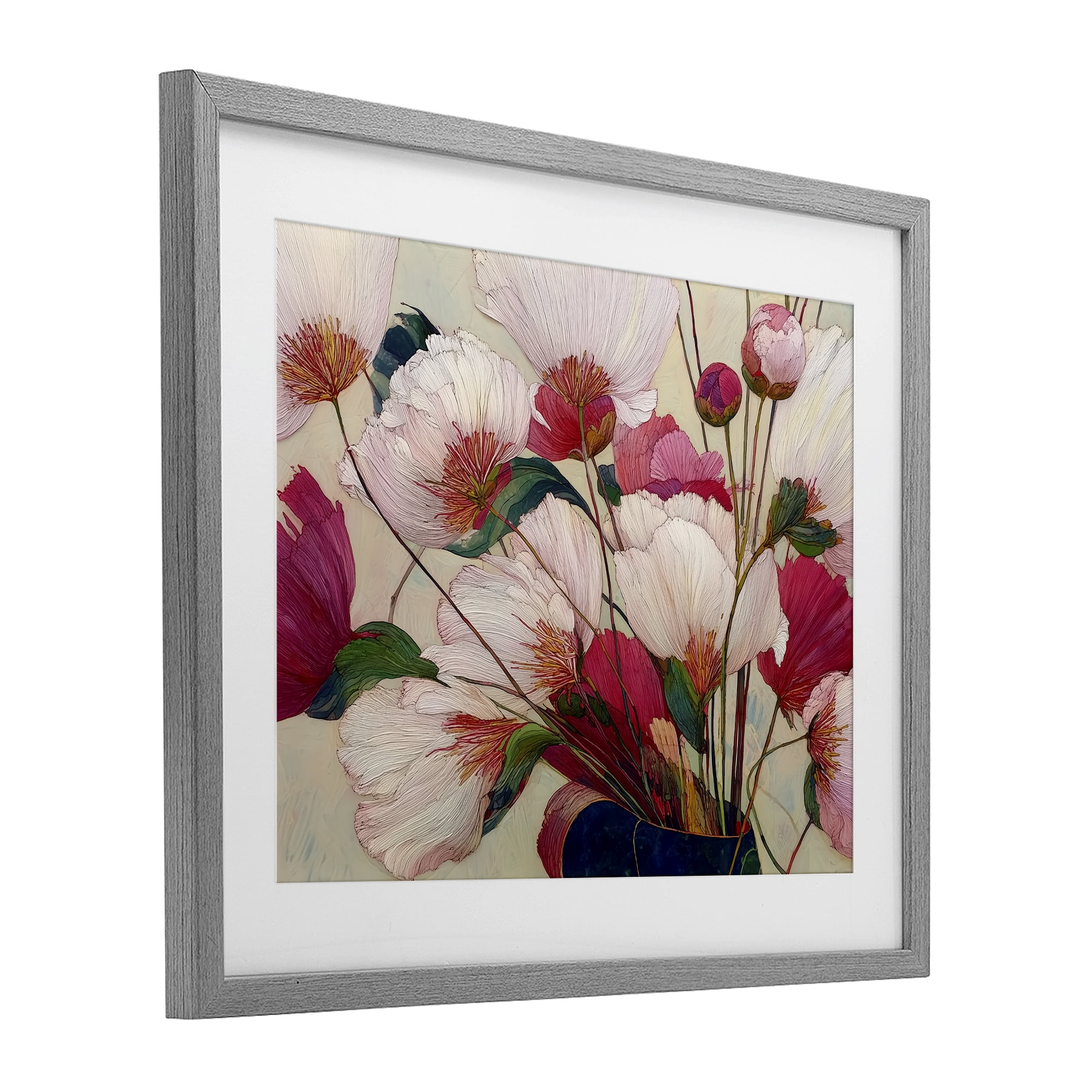 Lush Haiku Pink & White Flowers Gray Framed Print Under Glass, design by Annabelle Hall