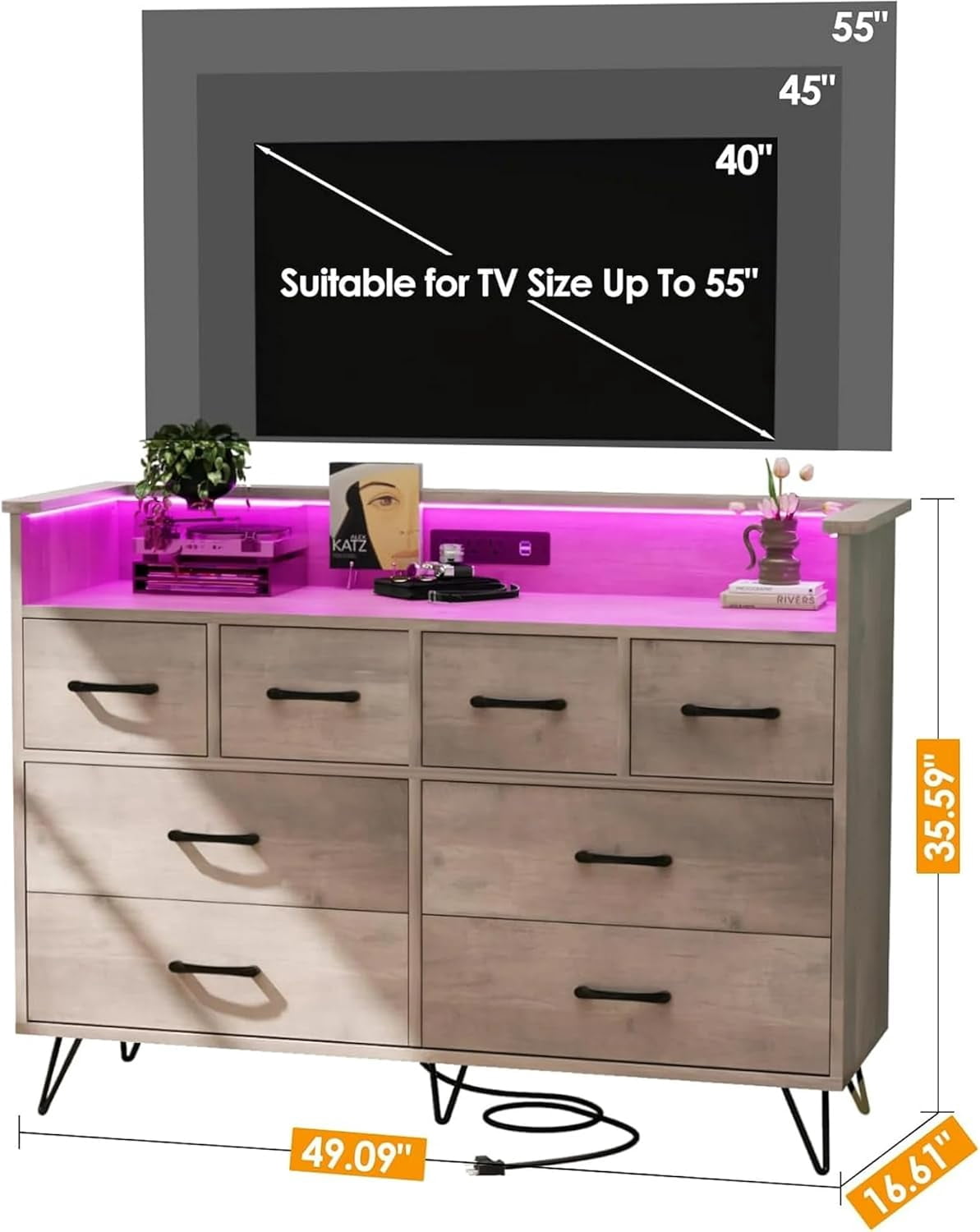 Homhougo Dresser TV Stand, Dresser for Bedroom With LED Light & Charging Station Entertainment Center With Storage 8 Drawers Wooden Dressers With Open Space Wide Drawers for Living Room, Light Brown