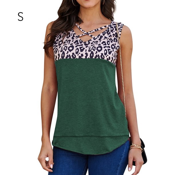 Chaleco Camiseta Sin Mangas Con Cuello En V Con Estampado De Leopardo Camiseta Sin Mangas De Verano Para Mujer, Verde, S tholdsy AP002393-01