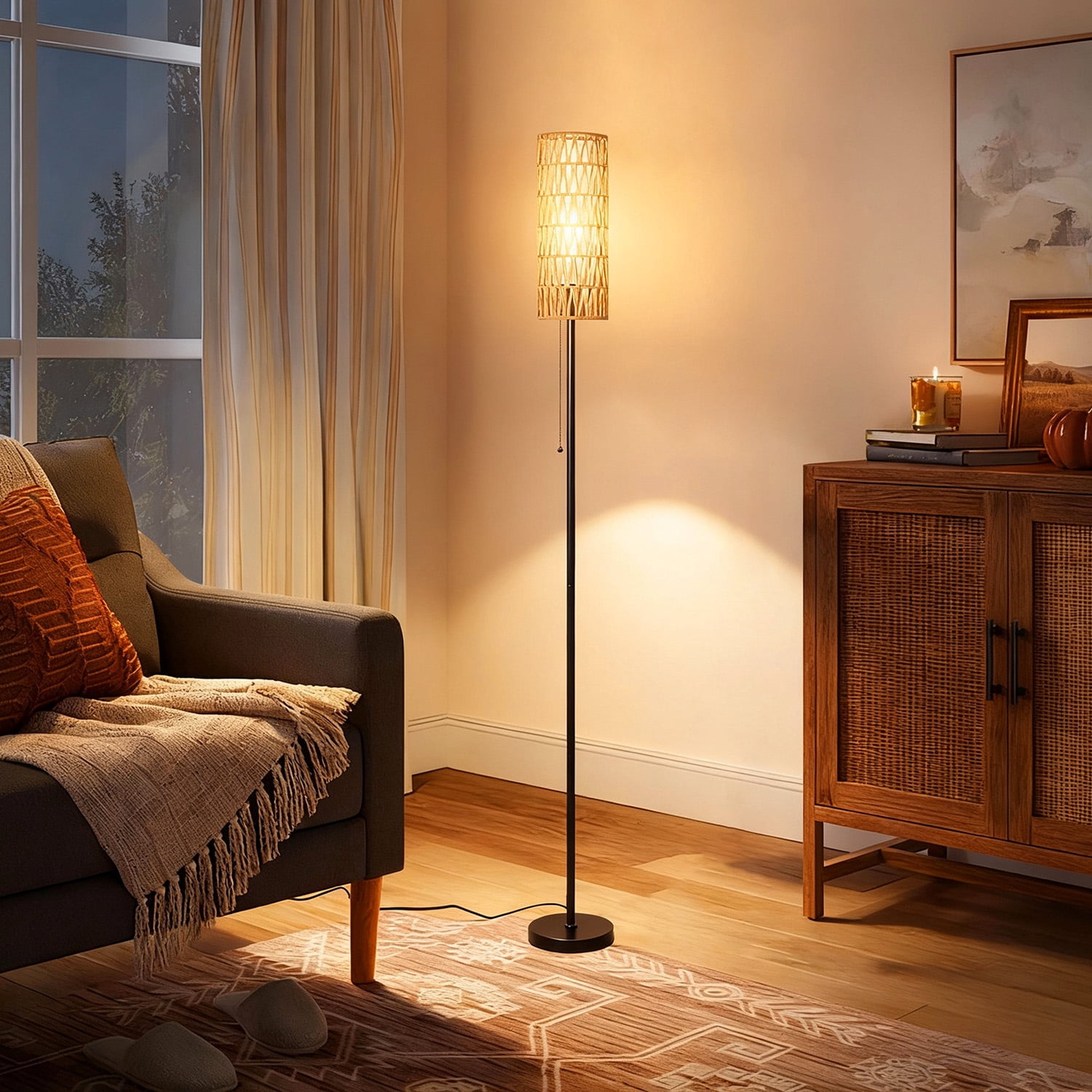 Vesteel Floor lamp for Living Room, Farmhouse Rattan Floor Lamp with 3 Color Temperatures, Standing Lamp for Bathroom, Office, Study Room