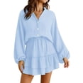thumbnail image 2 of Summer Dresses for Women Flowy Ruffle Long Sleeve V Neck Tiered Casual Beach Mini Dress Blue M, 2 of 5