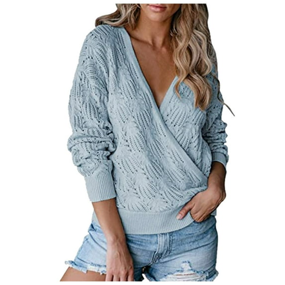 Babysbule Sweaters for Women Clearance Women's Deep V-neck Wrap Sweater Long-Sleeved Crochet Pullover