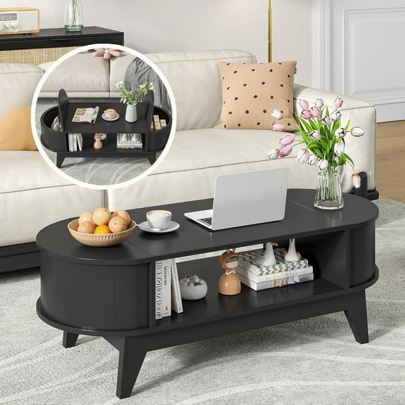 Coffee Table with 2 Hidden Compartment, Wooden Coffee Table with Open Shelf, Center Table for Living Room, Black