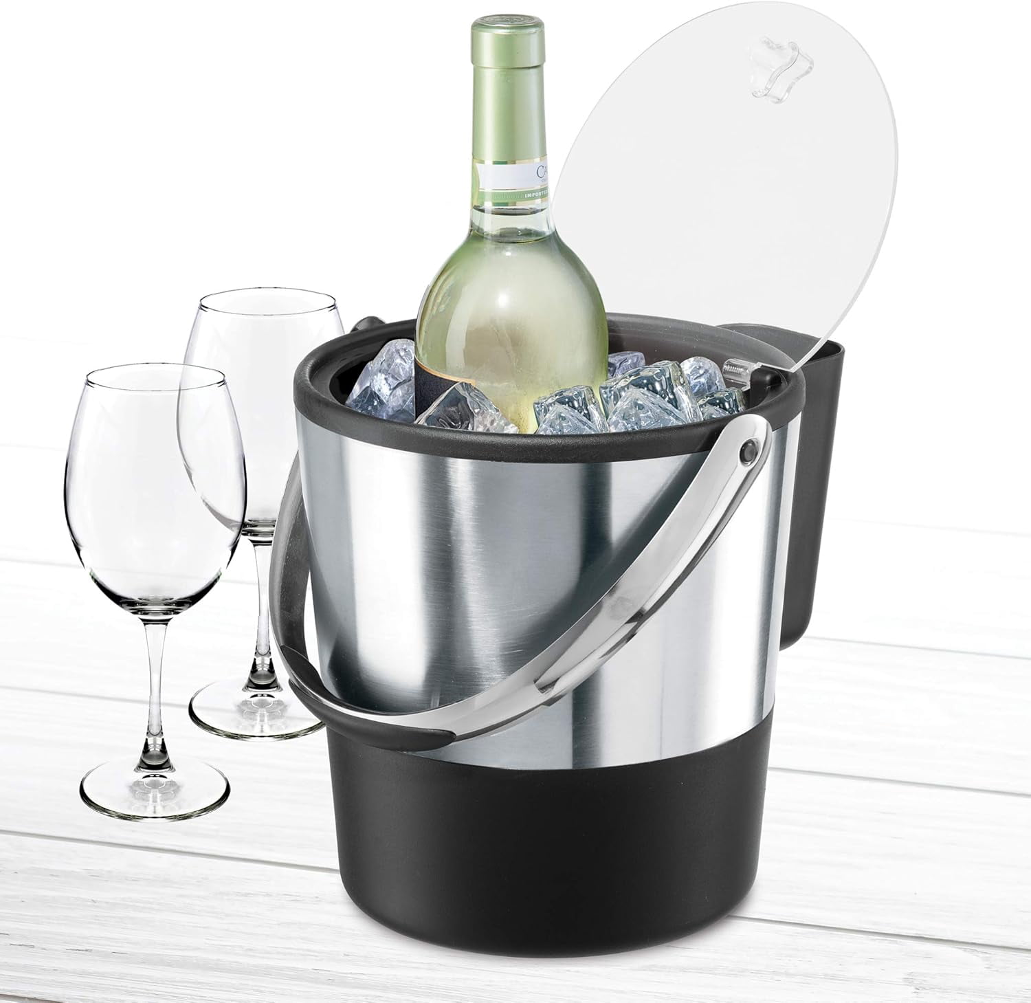 Insulated Ice Bucket, 4 Quart / 3.8 L, Stainless Steel, Black.