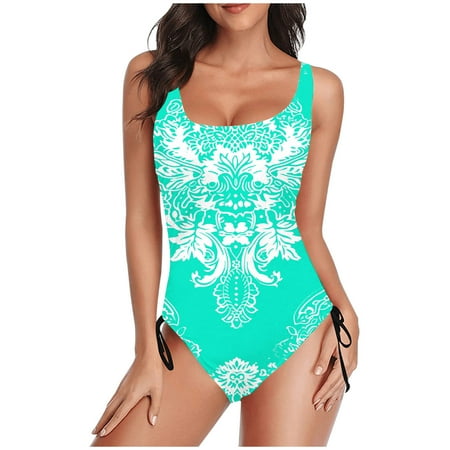 TrendVibe365 Ladies Swimsuits One Piece Green Bathing Suits Thong Adjustable Shoulder Strap Floral Swimwear Beachwear 2XL