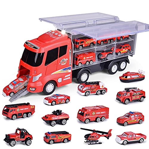 FUN LITTLE TOYS 12 in 1 Die cast Fire Truck Toys Car Carrier Truck wit