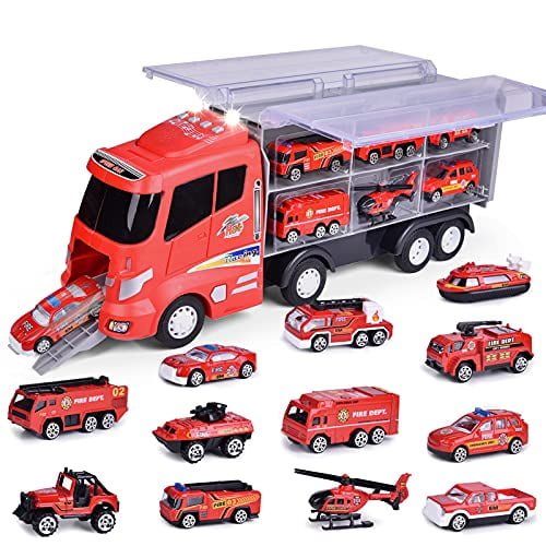 FUN LITTLE TOYS 12 in 1 Die-cast Fire Truck Toys Car Carrier Truck wit