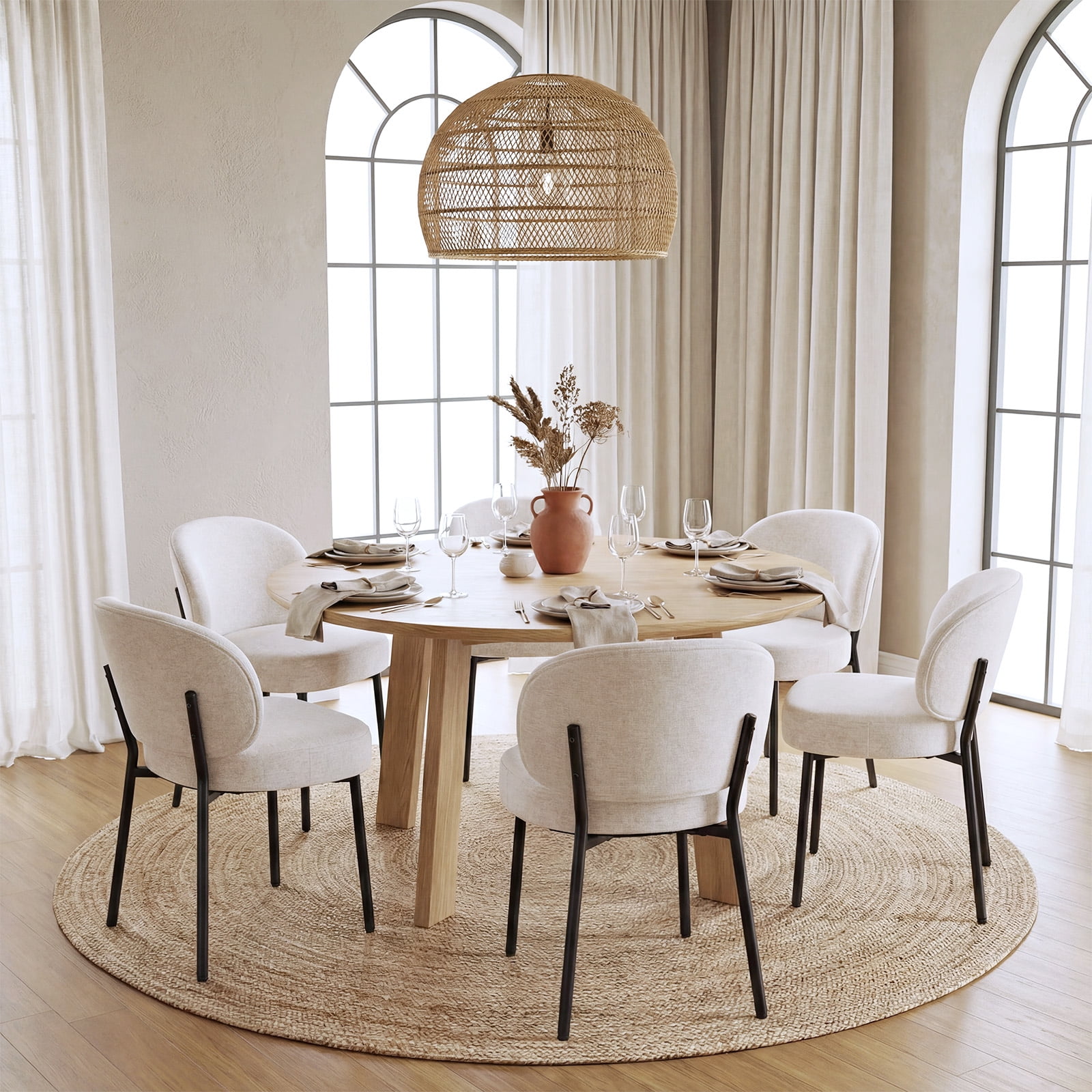 Set of 4 Upholstered Modern Dining Chairs, Mid Century Kitchen Chairs with Curved Backrest and Metal Legs for Dining Room, Living Room, Beige