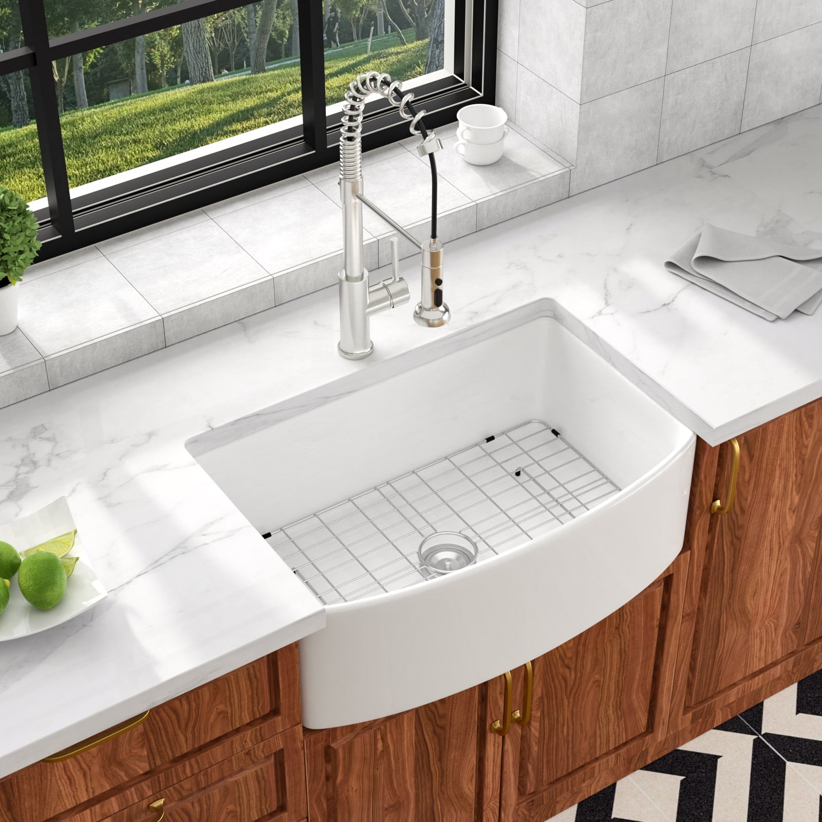 30" Ceramic Farmhouse Kitchen Sink Single Bowl with Bottom Grid and Drain Assembly