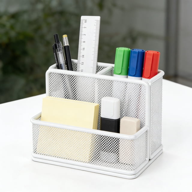 Vacemry Pen Organizer Large Capacity, Stationery Storage Basket with Staggered Compartments, Metal Iron Desktop Organizer for Study Office HomeSchoolDesk Tabletop Countertop Decor
