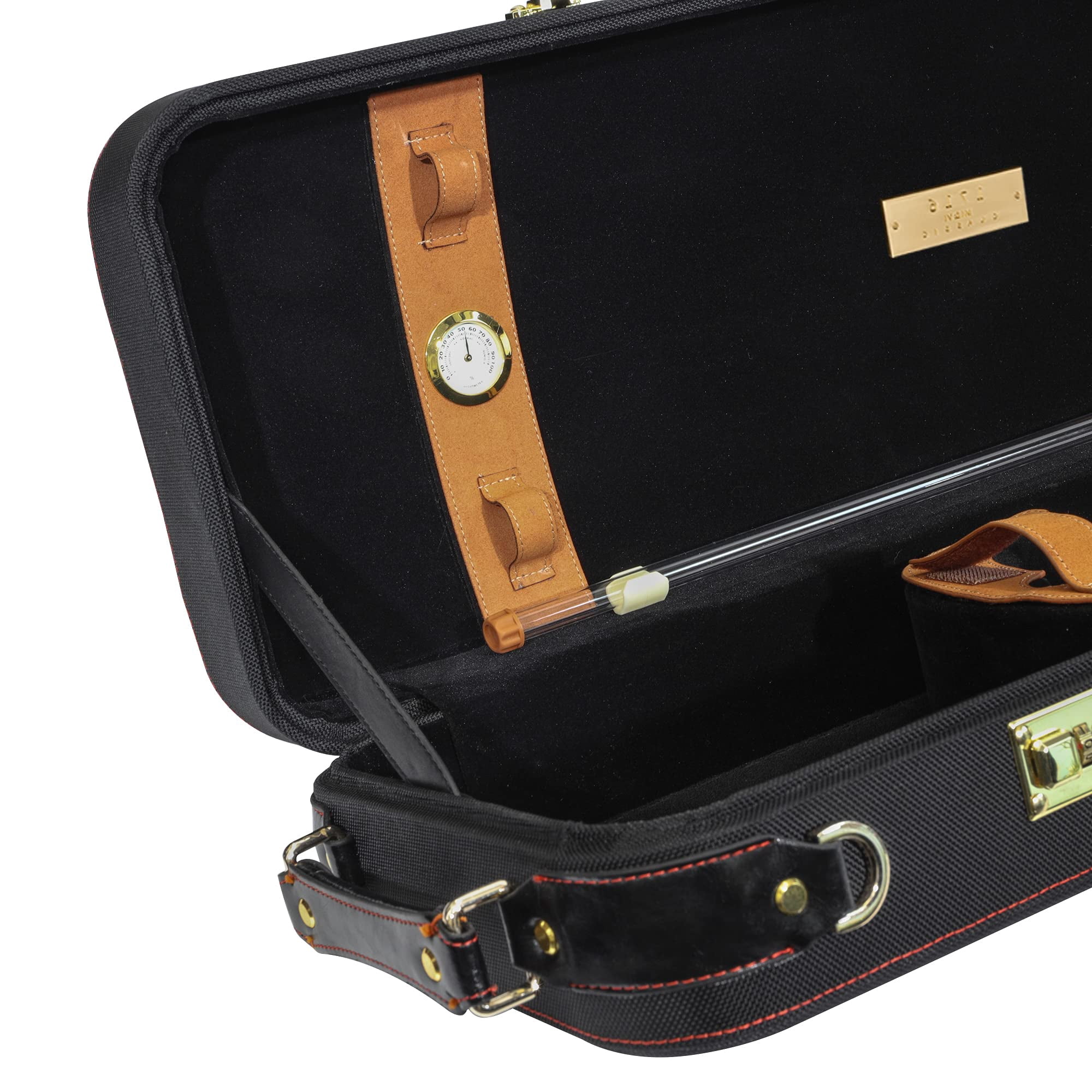 MI&VI Deluxe Hardwood Violin Travel Case 4/4 (Full Size) With Leather Handles | Adjustable Shoulder Straps | Thermal Insulation | Oblong Shape | Photo Pocket | Hygrometer- By MIVI Music (Black/Black)