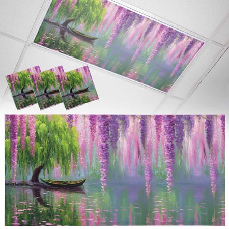 Spring Green Tree Fluorescent Light Covers Pink Vine Flower Boat Lake Oil Painting Magnetic Light Filters Ceiling Lighting Panel Shade for Classroom Office Home 2 x 4 ft 3 Pack