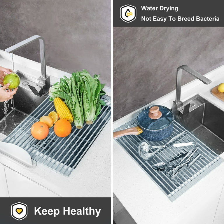 Over Sink Dish Drying Rack Easy Storage Silicone Roll-up Dish Drainer Rack  Foldable Kitchen Drying Mat for Dishes Cups Pan (13Wx16.9L, Grey)