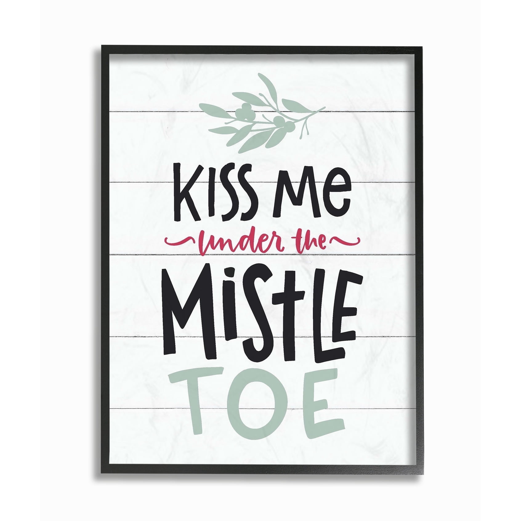 The Stupell Home Decor Collection Holiday Planked Look Kiss Me Under The Mistletoe Black White Red and Blue Typography Framed Giclee Texturized Art, 11 x 1.5 x 14