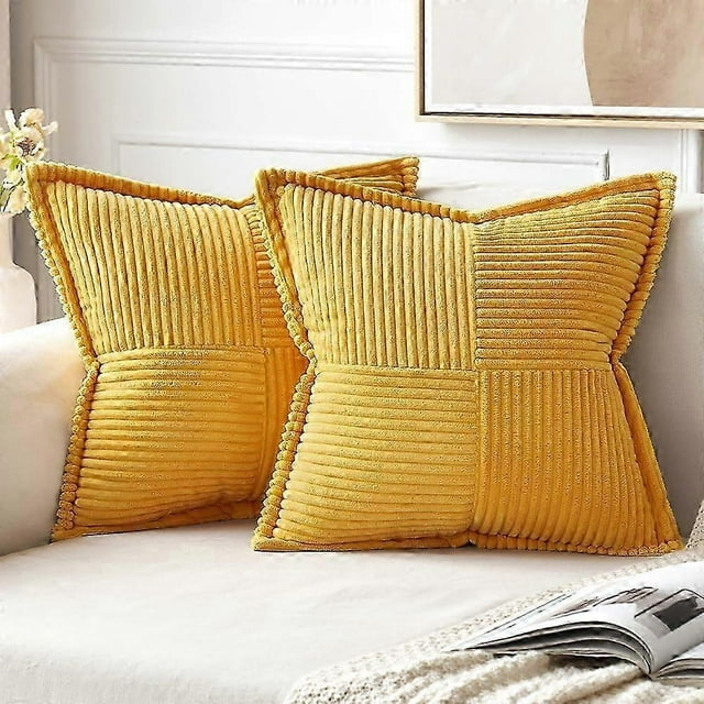 Golden Yellow Corduroy Pillow Covers 45*45CM with Splicing Set of 2 Super Soft Boho Striped Pillow Covers Broadside Decorative Textured Throw Pillows