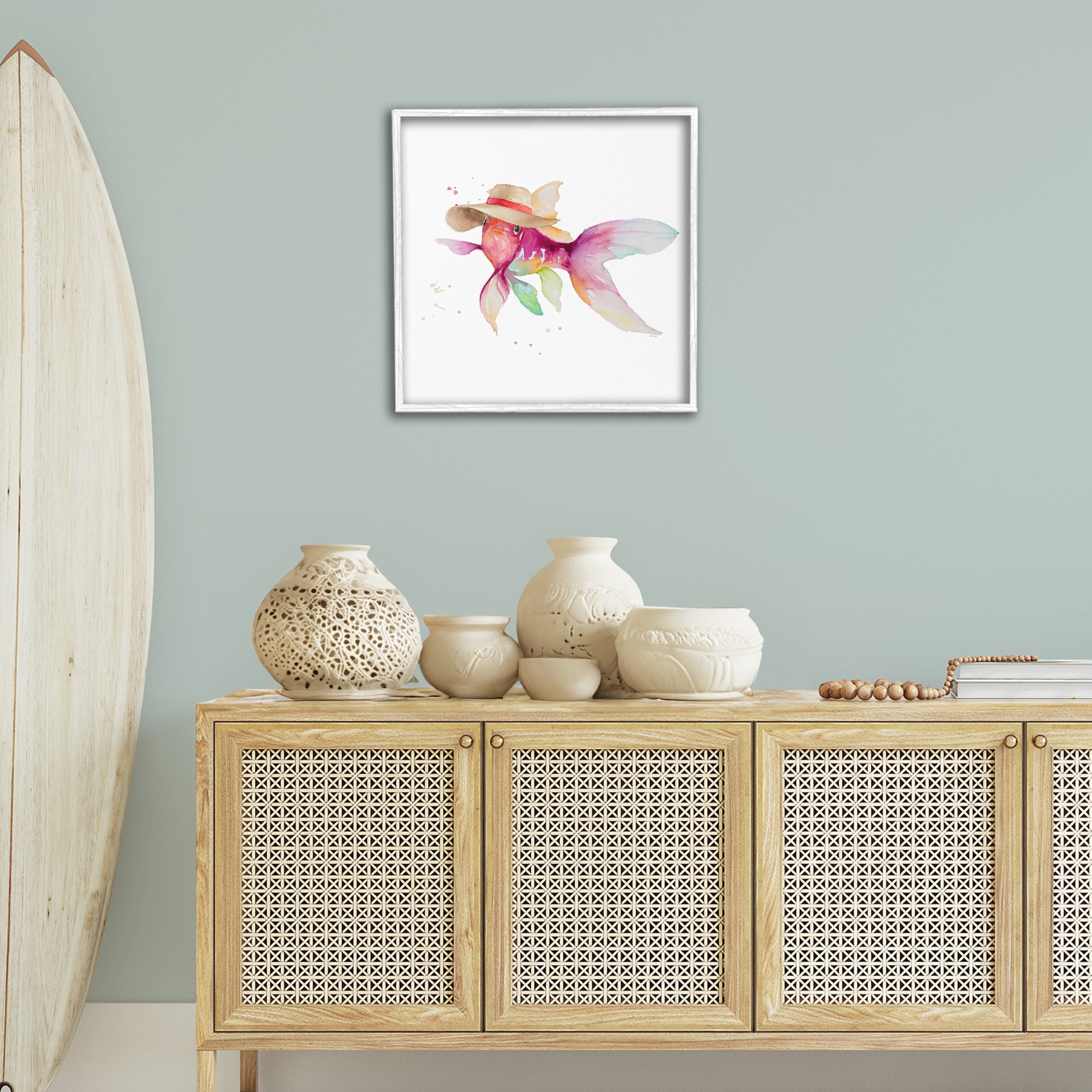 Stupell Industries Beach Fish Watercolor Novelty Painting White Framed Art Print Wall Art, 24 x 24