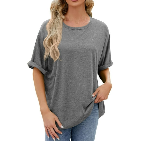 AherBiu Oversized Tops for Women Summer Casual Loose Short Sleeve Top Tees Shirt Solid Color Blouse