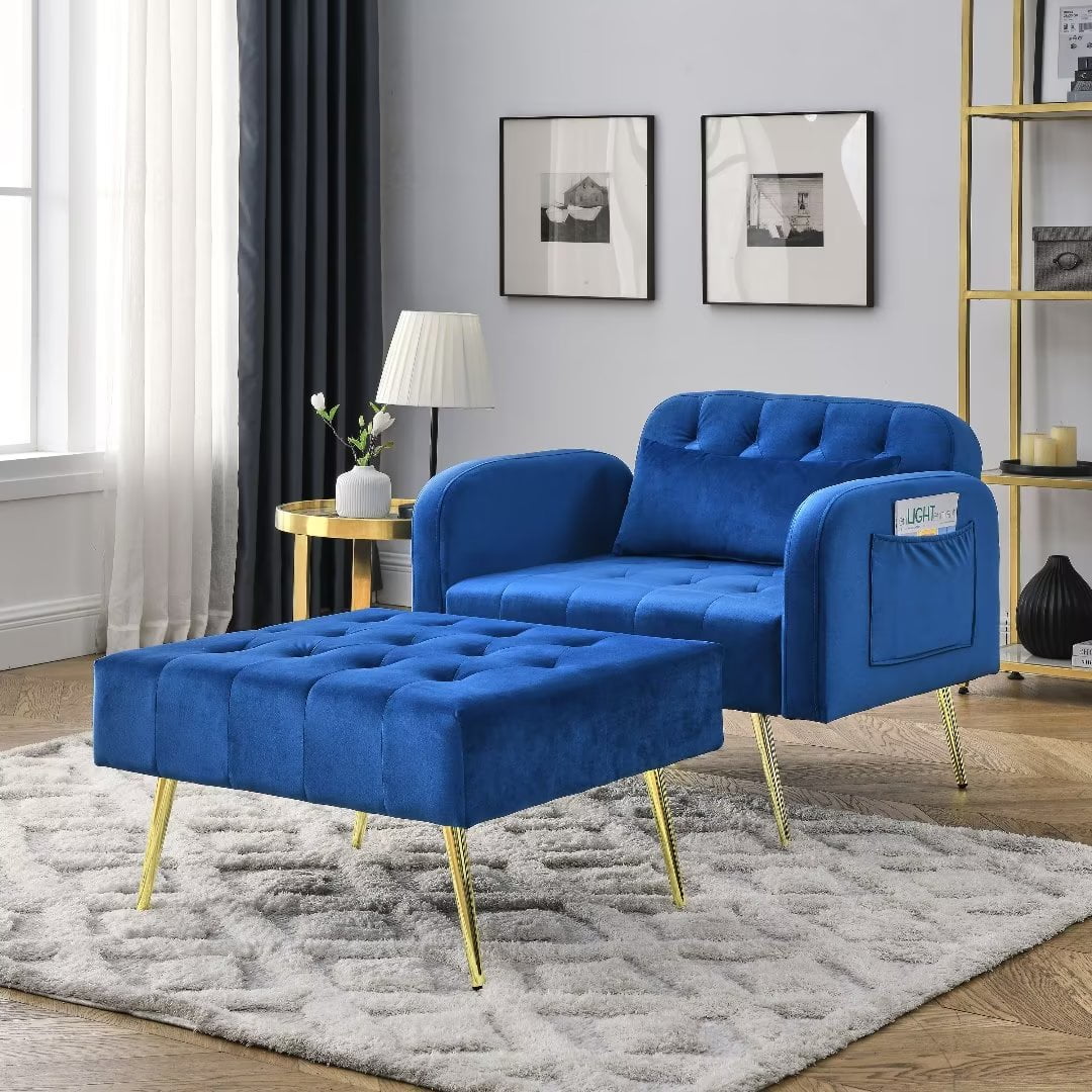 Modern Velvet Accent Chair with Ottoman, Recliner Sofa Chairs Armchair