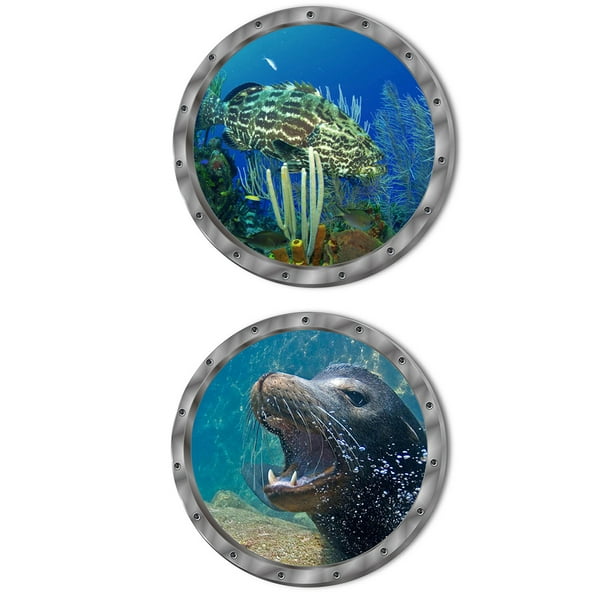 Adhesivos de pared 3D mundo submarino, 4 piezas adhesivos de pared decoración de ojo de buey de baño, adhesivos de pared imágenes de baño ojo de buey adhesivo de pared del mundo submarino
