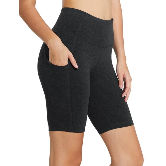 BALEAF Biker Shorts Women Yoga Gym Workout Spandex Athletic Running Volleyball Tummy Control Compression with Pockets 8" Deep Gray Size L