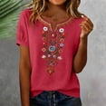 thumbnail image 4 of Qulqfy Embroidered Boho Tops for Women Floral Casual Short Sleeve Fall Red Henley V-Neck Comfy Cute Tunic Outfits 2XL, 4 of 7