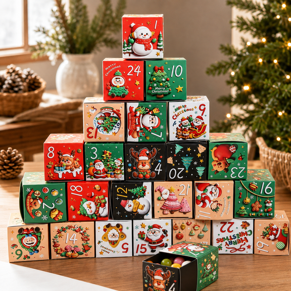 Christmas Advent Calendar Boxes, 24 pack Multicolor Numbered Paper Treat Boxes, 2.76 in, DIY Holiday Countdown Decor with Winter Prints