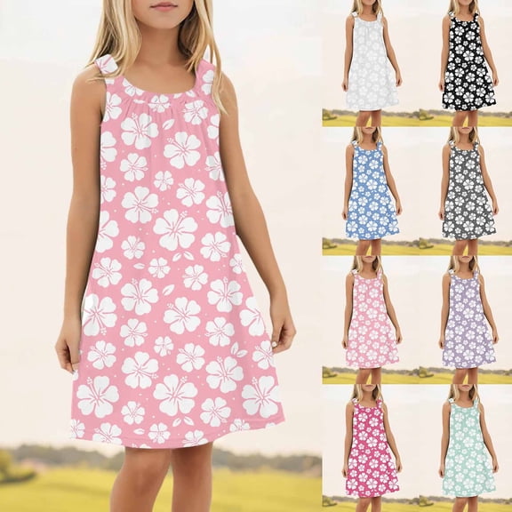 RTKFRFLM Girls Palm Leaf Floral Cami Dress Kids Summer Sleeveless Tropical Print Sundress Big Girls Lightweight Vacation Beach Gown Fashionable Casual Outfits for Children Ages 4-14 Years