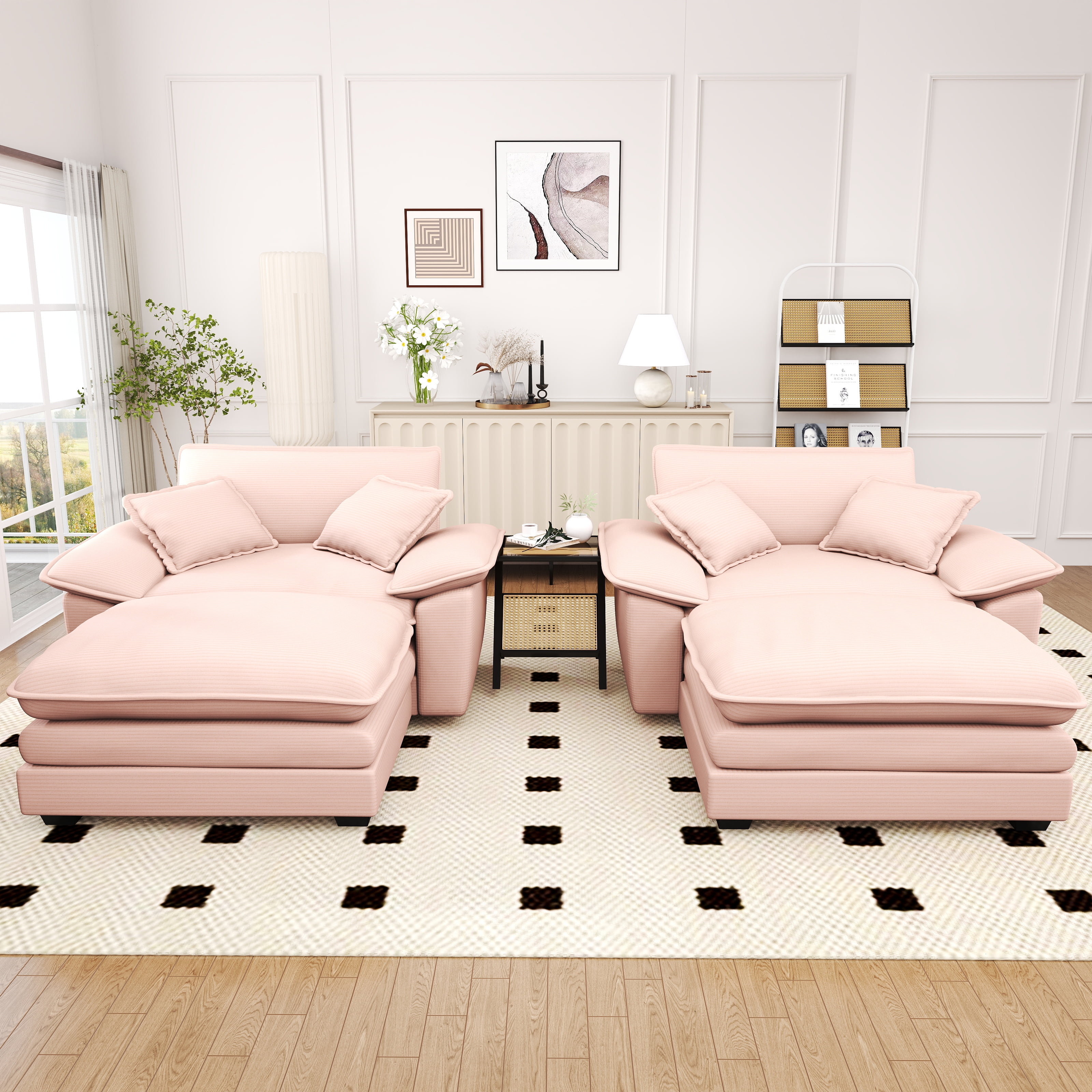 Lunale Oversized Lounge Chair & Ottoman Set - 48" Cloud Corduroy Accent Armchair for Modern Living/Bedroom, Pink Corduroy