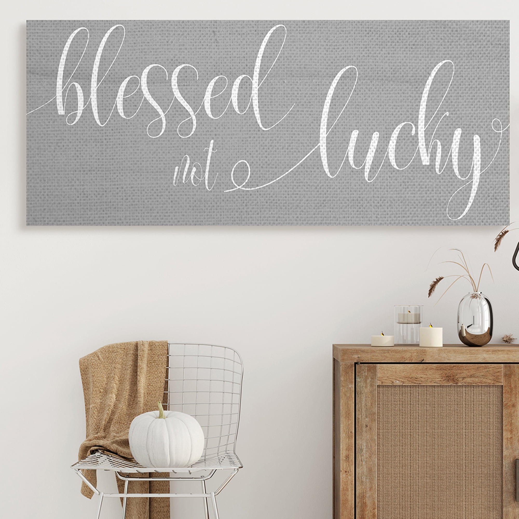 Stupell Industries Blessed Not Lucky Charming Cursive Text over Grey Inspirational Painting Gallery Wrapped Canvas Art Print Wall Art, 20 x 48