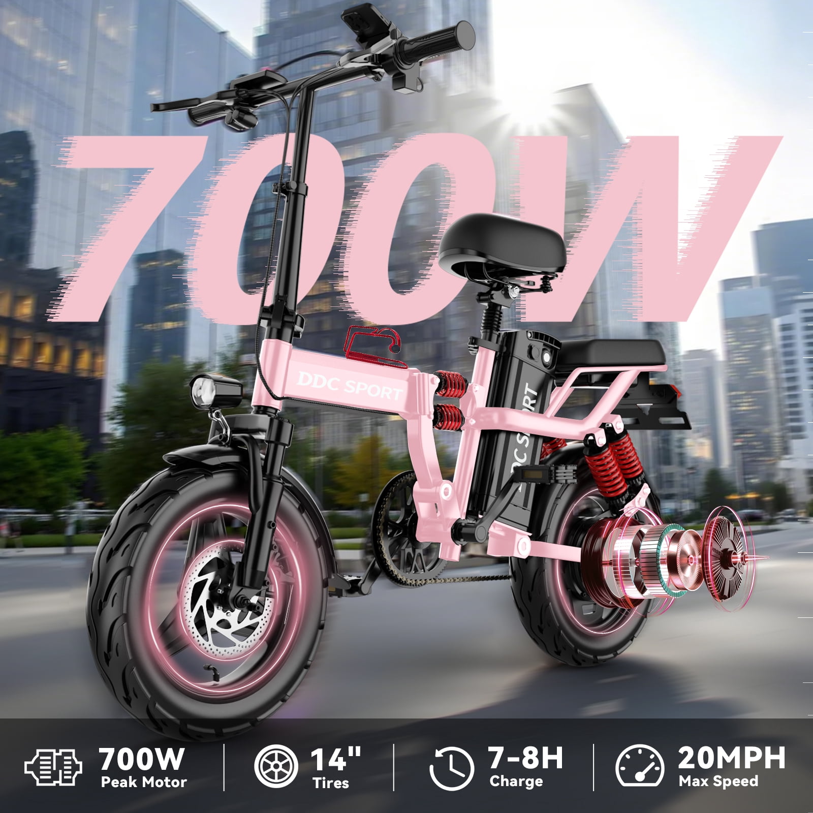 Folding Electric Bike, Electric Bicycle with 48V 14AH Removable Battery, Folding Electric Bike for Adults Teens,14'' Ebike Urban City with 700W Motor, 10 Shock Absorptions UL2849,Pink