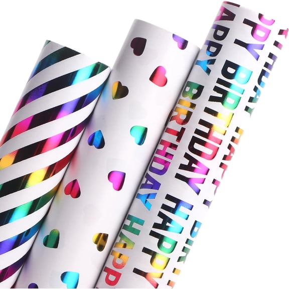 Birthday Wrapping Paper Iridescent Gift Wrap Mini Roll, 3 Rolls Happy Birthday Heart Stripes Printed for Girls Kids - 17 inch x 120 inch(10feet) Per Roll