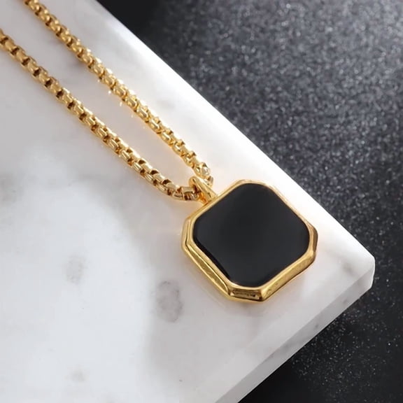 14K Yellow Gold Classic Geometric Polygonal Black Square Natural Stone Necklace Pendant for Men Fashion Casual Punk Jewelry Gift