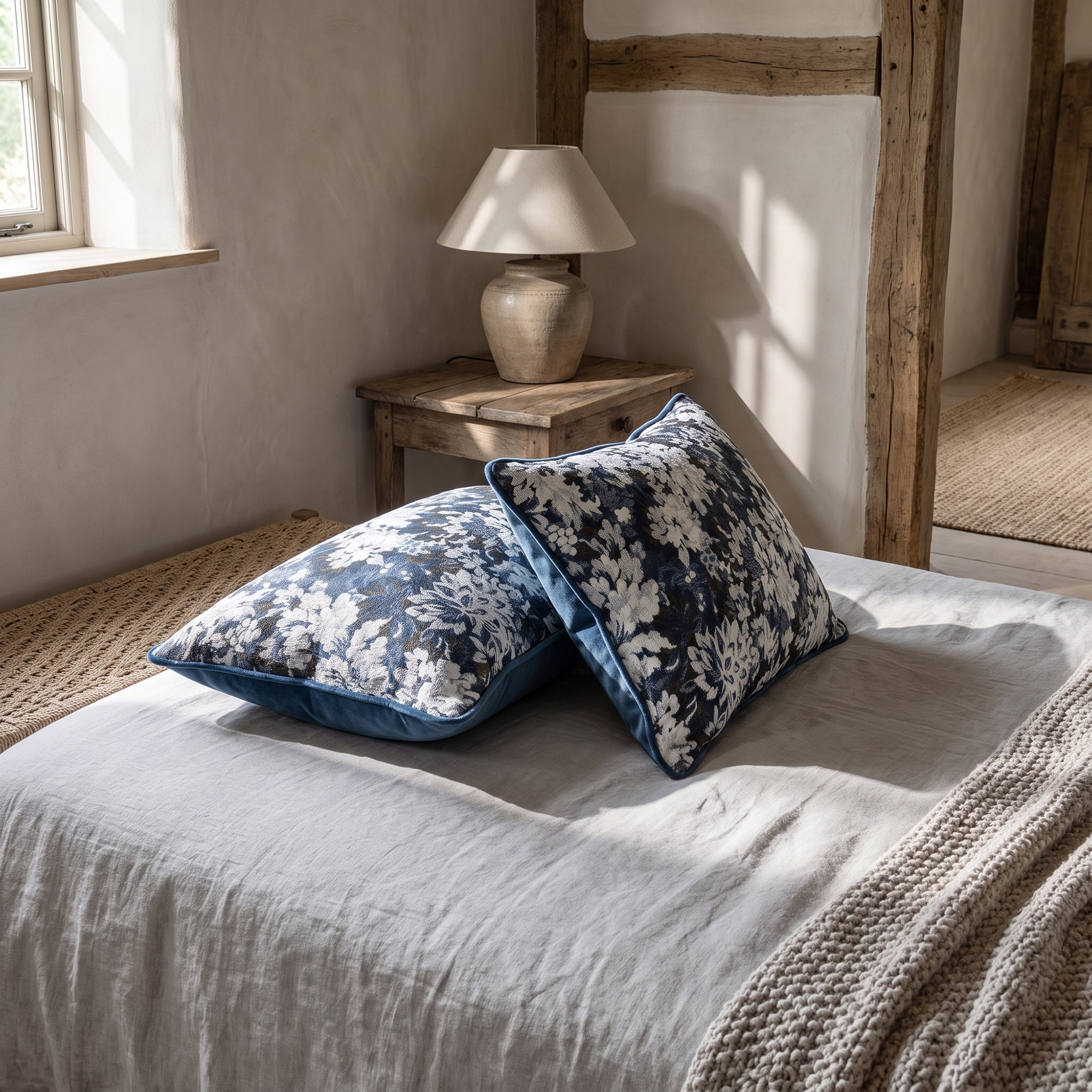 Unique Bargains Floral Throw Pillow Cover with Piped Edge Decor Cushion Case Blue 20"x12"