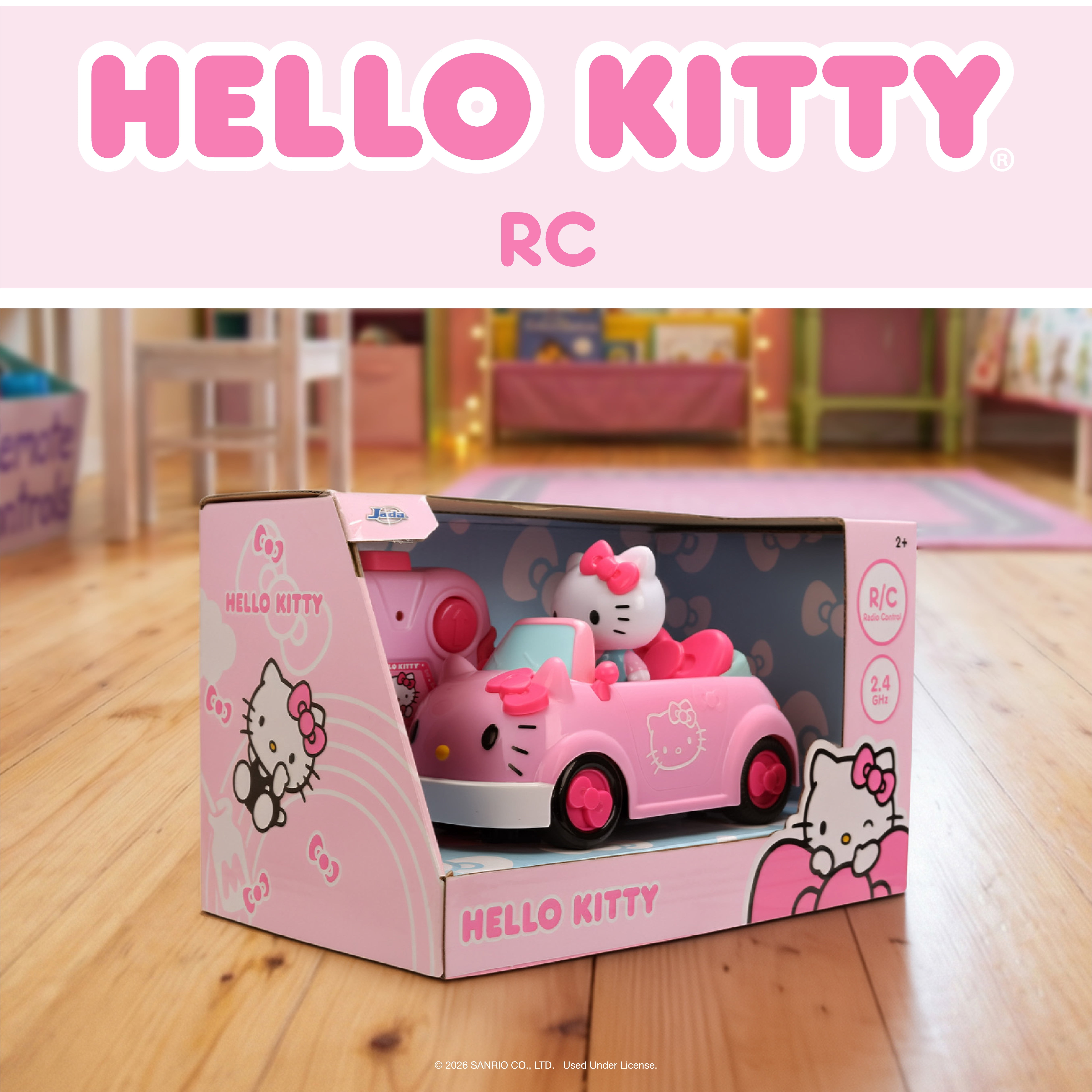 Hello Kitty RC Car 1:32 Scale Vehicle – Simple Function Remote Control Pink Convertible with Non-Removable Figure by Jada Toys