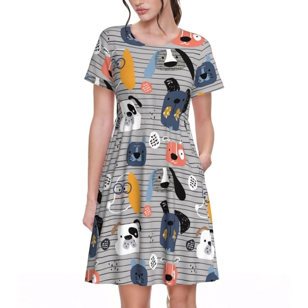 Disketp Dog para Vestido de Manga Corta para Mujeres, Vestidos de Verano para Mujeres, Casual y Holgado para la Playa
