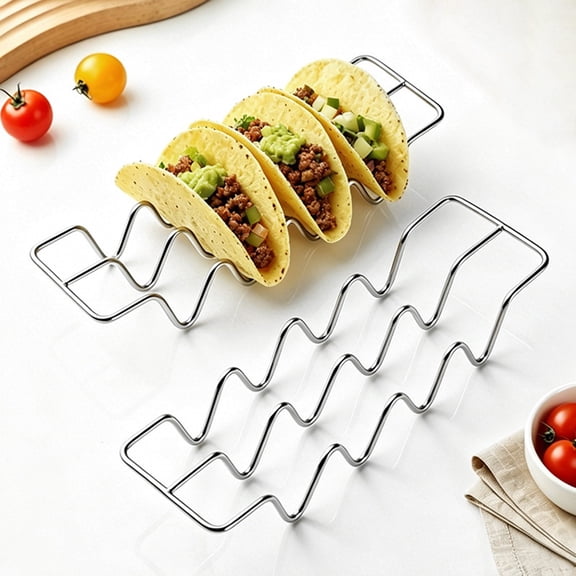 Taco Holders, Stainless Steel Taco Shell Holder Stand, Tacos Tray Plates, Holds 4 Tacos Each, Oven Safe for Baking, Dishwa sher and Grill Safe For Soft & Hard Shell with Handles
