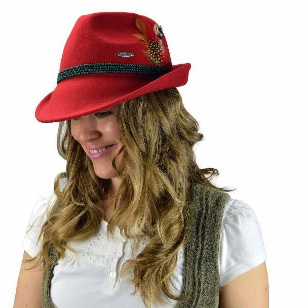 Bavarian German Alpine Wool Red Hat with Feather & Edelweiss Hat | Oktoberfest Fedora Hat for Men & Women | L