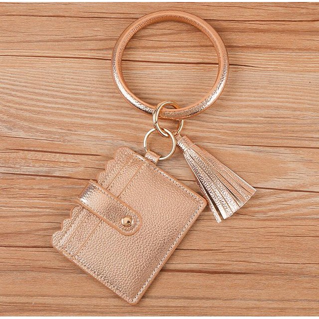 Wristlet Bracelet Keychain Circle Key Ring Pocket Credit Card Holder Circle Key Ring Tassel Keychains Bangle Purse for Women 07#