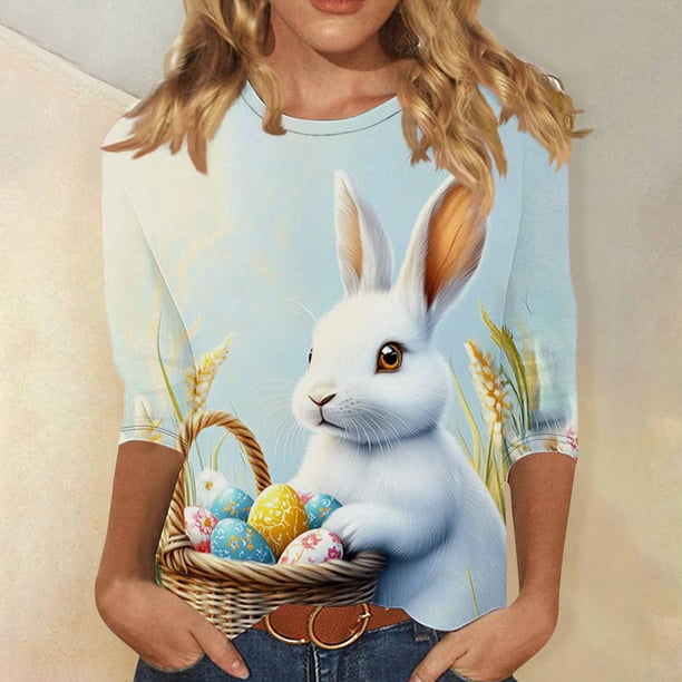 TaTaai Women Crew Neck 3/4 Sleeve Easter Print Casual Pullover Tee Ladies Spring Daily Commute Gathering Wear Lightweight Breathable Non-See-Through No Fading Fashion Top Gift
