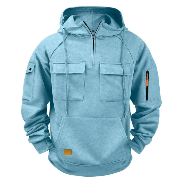 Dolkfu Sudadera con capucha de color sólido para hombre, sudadera de fitness con cuarto de cremallera y múltiples bolsillos, ropa deportiva para hombre XL