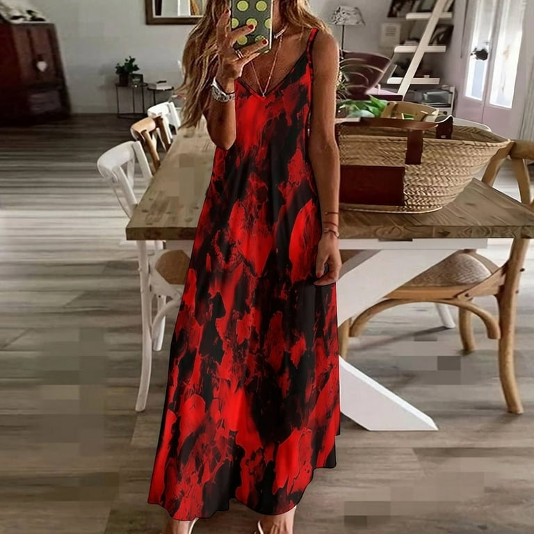 Red Black Red And Black Ink, Abstract Art Sleeveless Suspender Dress Summer  Fashion Casual Long Dress - Walmart.com