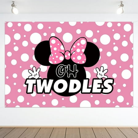 Oh Twodles Backdrop Banner Pink Minnie Happy 2nd Birthday Theme Party Decorations Cheer to Two Years Old Photography Background Supplies for Girls 4x6FT