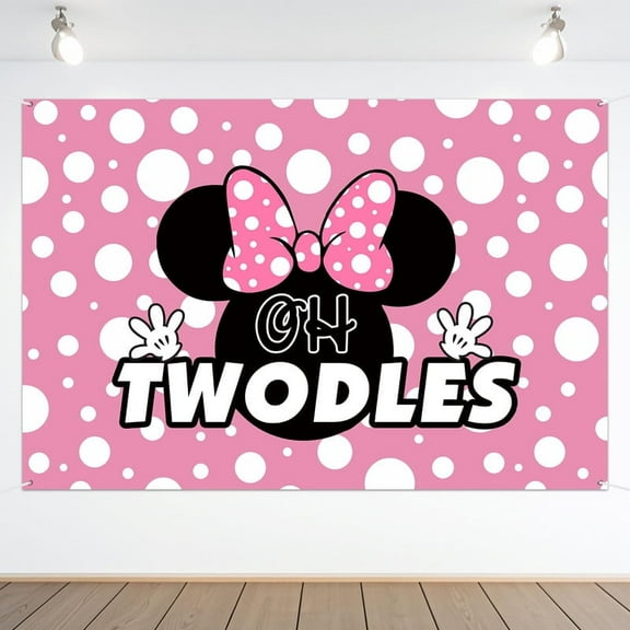 Oh Twodles Backdrop Banner Pink Minnie Happy 2nd Birthday Theme Party Decorations Cheer to Two Years Old Photography Background Supplies for Girls 4x6FT
