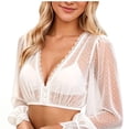 thumbnail image 2 of IUYRTFE Women's V-Neck Long Sleeve Sheer Crop Top with Ruched Drawstring Front Casual Blouse for Oktoberfest and Summer Festivals, 2 of 7