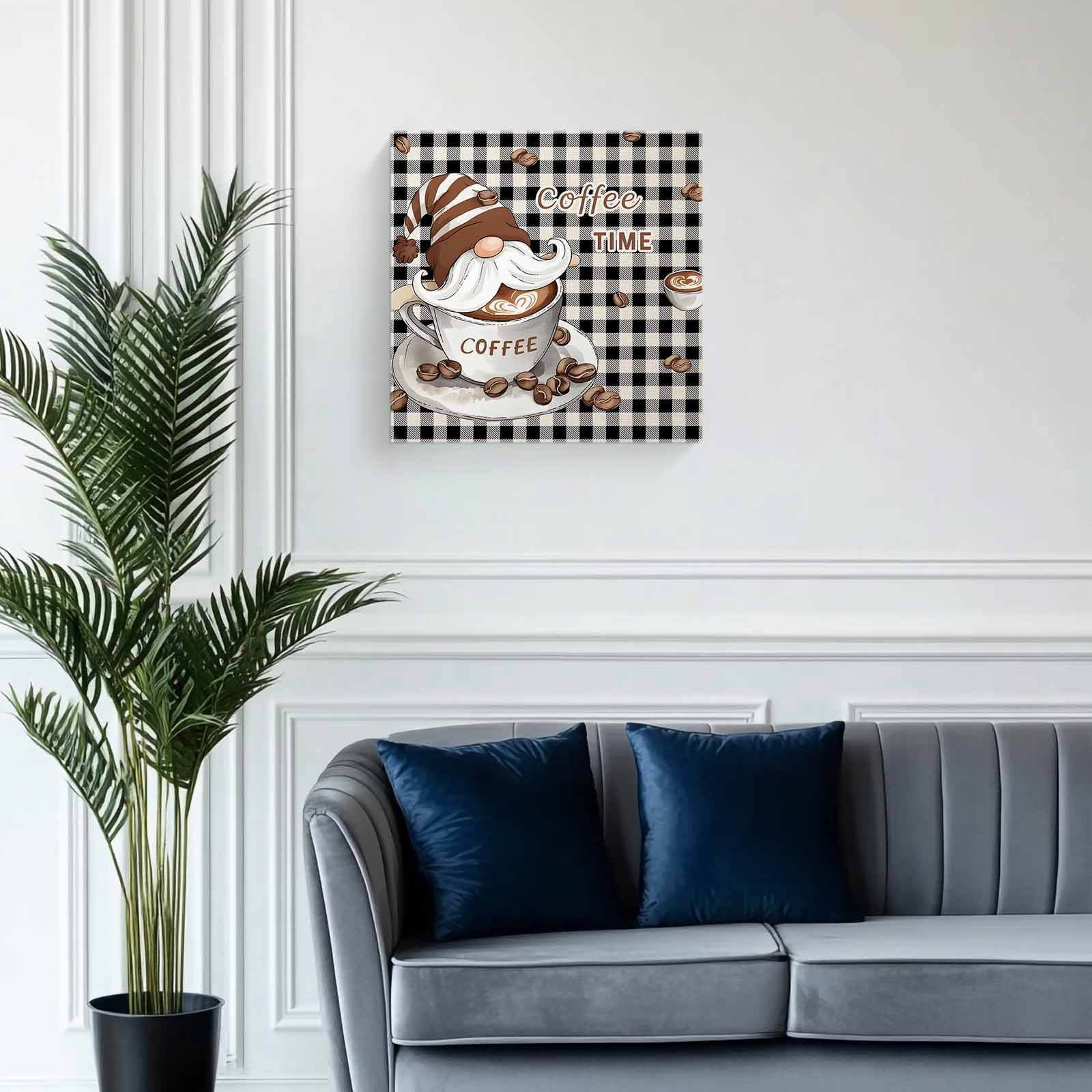 Canvas Print Wall Art Farmhouse Coffee Time Brown Gnome Black Buffalo Plaid Framed Canvas Art Wall Decor Pictures Painting Morden Artwork for Living Room Bedroom, Ready to Hang, 8"x8"