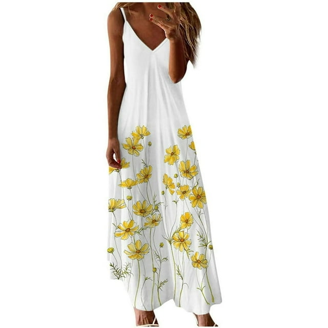 Robe Maxi à Imprimé Floral pour Femmes Sans Manches, Robes d'Été Décontractées, Col en V, Bretelles Spaghetti, Longue Robe Soleil