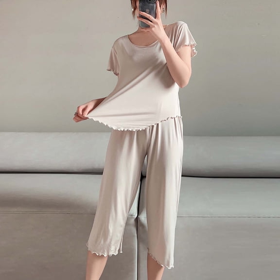 Pajamas for Women, Chroia Bamboo Viscose Cooling Pajama Set Round Neck Short Sleeve Solid Color Capri Sleepwear