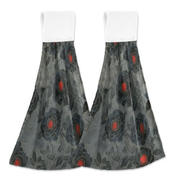 BZSMCE Hanging Hand Towels Fashion Dark Floral Pattern 2-Pack - Velcro Style Bathroom Kitchen Towels