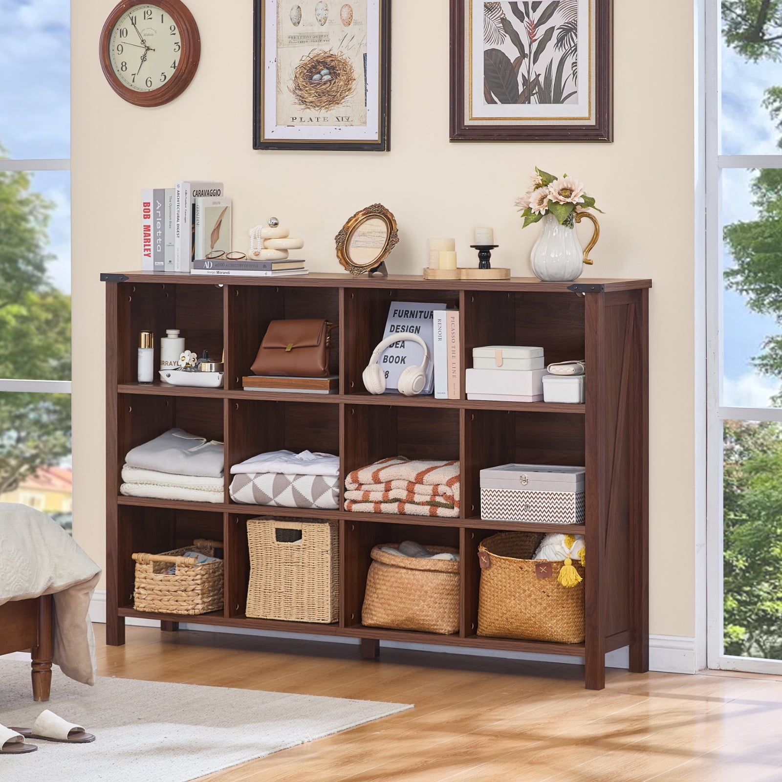 Joaxswe 12-Cube Bookcase & Storage Organizer, Thick Edges Horizontal Bookshelf Multipurpose Display Shelves for Home Office, Brown