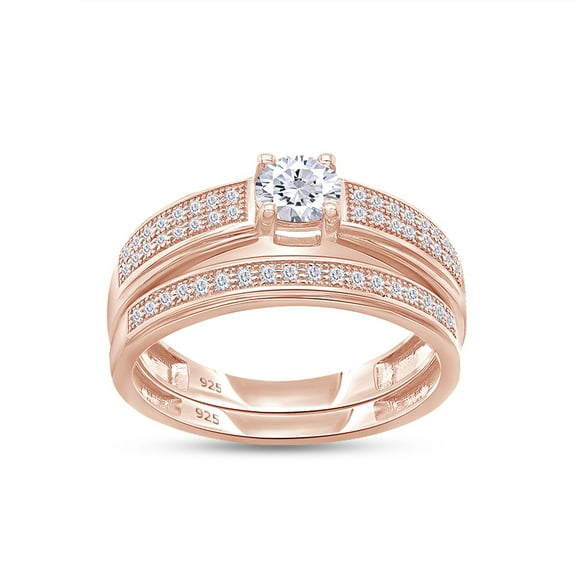 AFFY 14k Rose Gold Over Sterling Silver Round Shape White Cubic Zirconia Bridal Ring Set